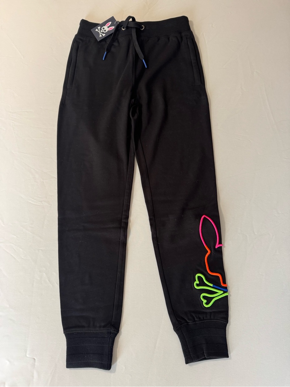 Psycho Bunny Black Joggers with Neon Bunny Outline